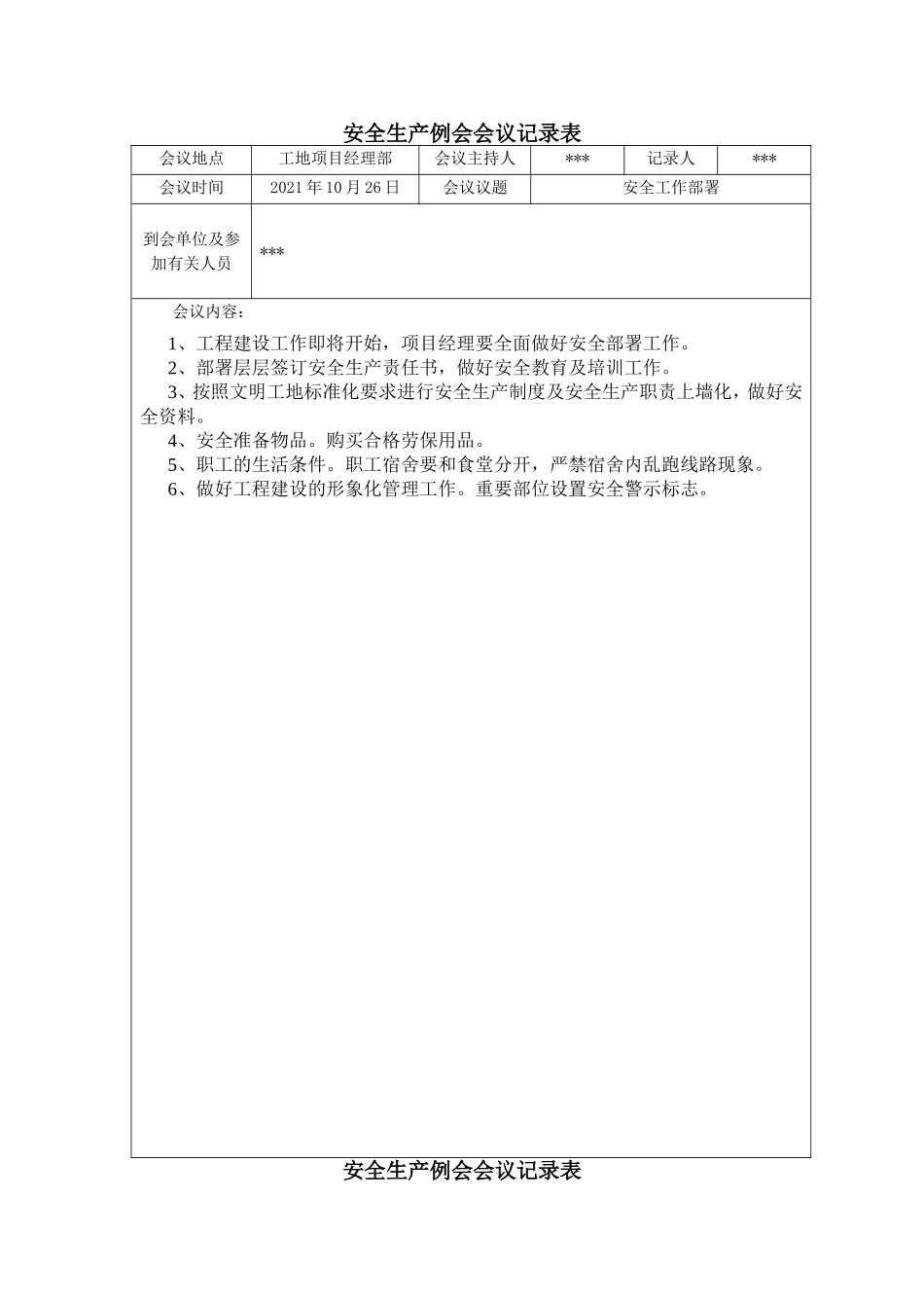 【例会模板】安全生产例会会议记录表（17页）.doc_第1页