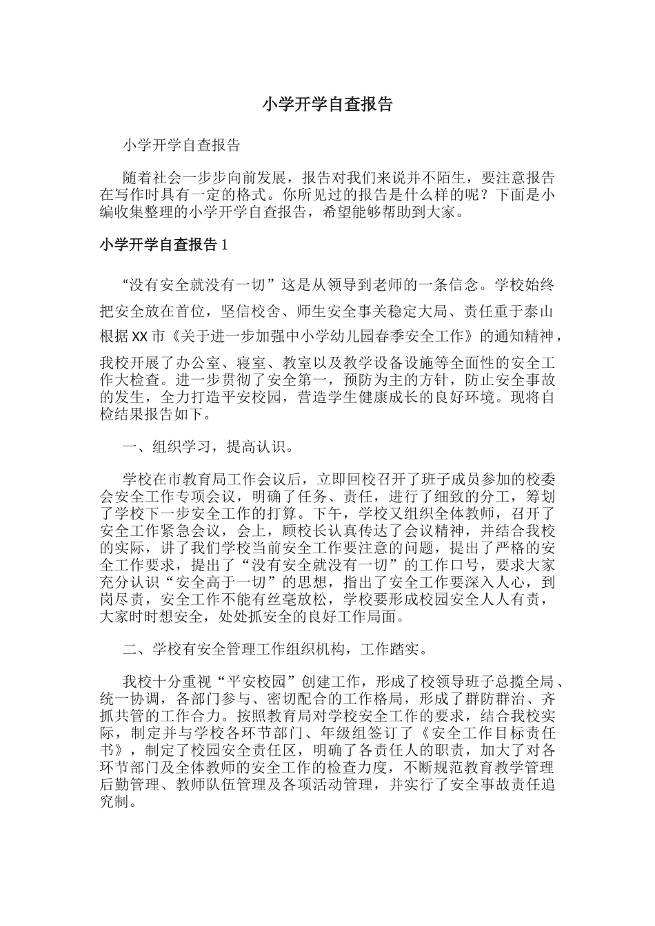 小学开学自查报告.docx_第1页