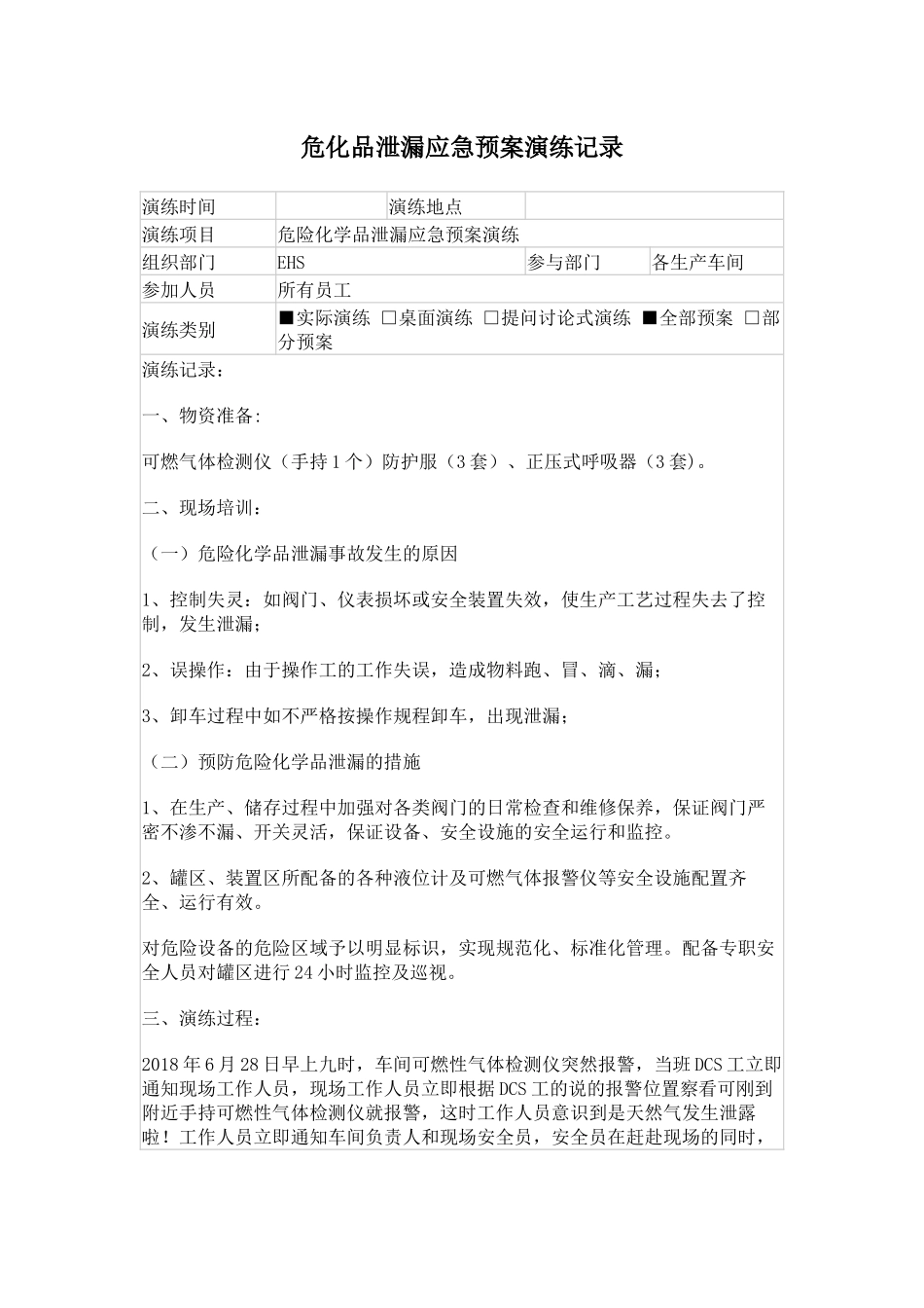 危化品泄漏应急预案演练记录.docx_第1页