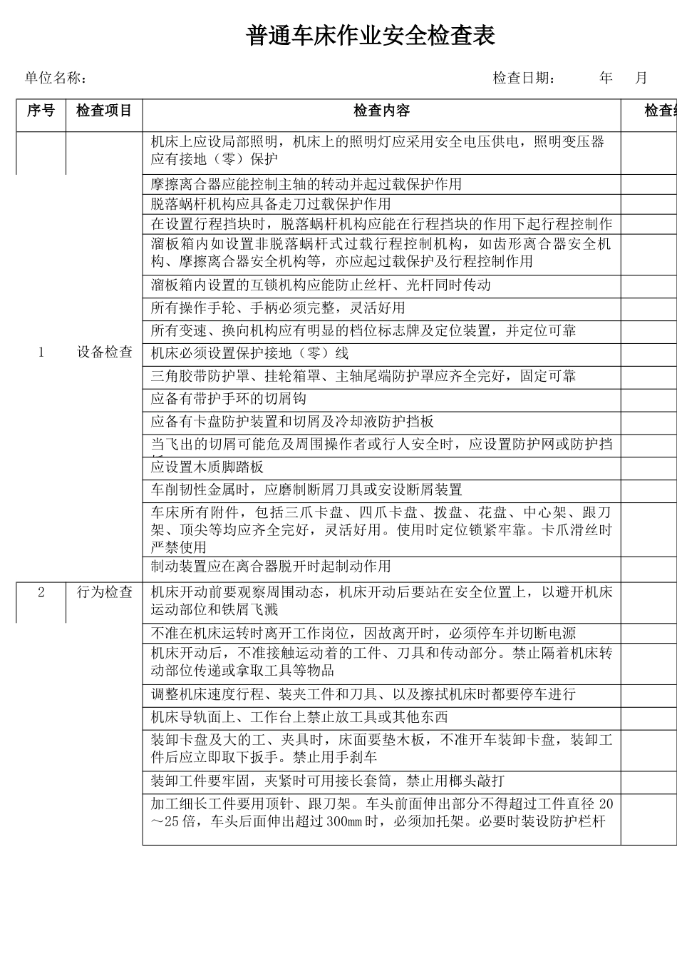 1普通车床作业安全检查表.docx_第1页