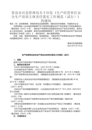 青岛市生产经营单位安全生产培训主体责任落实工作规范(试行)2022.docx