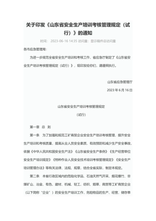 山东省安全生产培训考核管理规定（试行）2023.docx