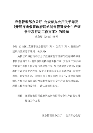 2021年9月发布《开展打击假冒政府网站制售假冒安全生产证书专项行动工作方案》的通知.doc