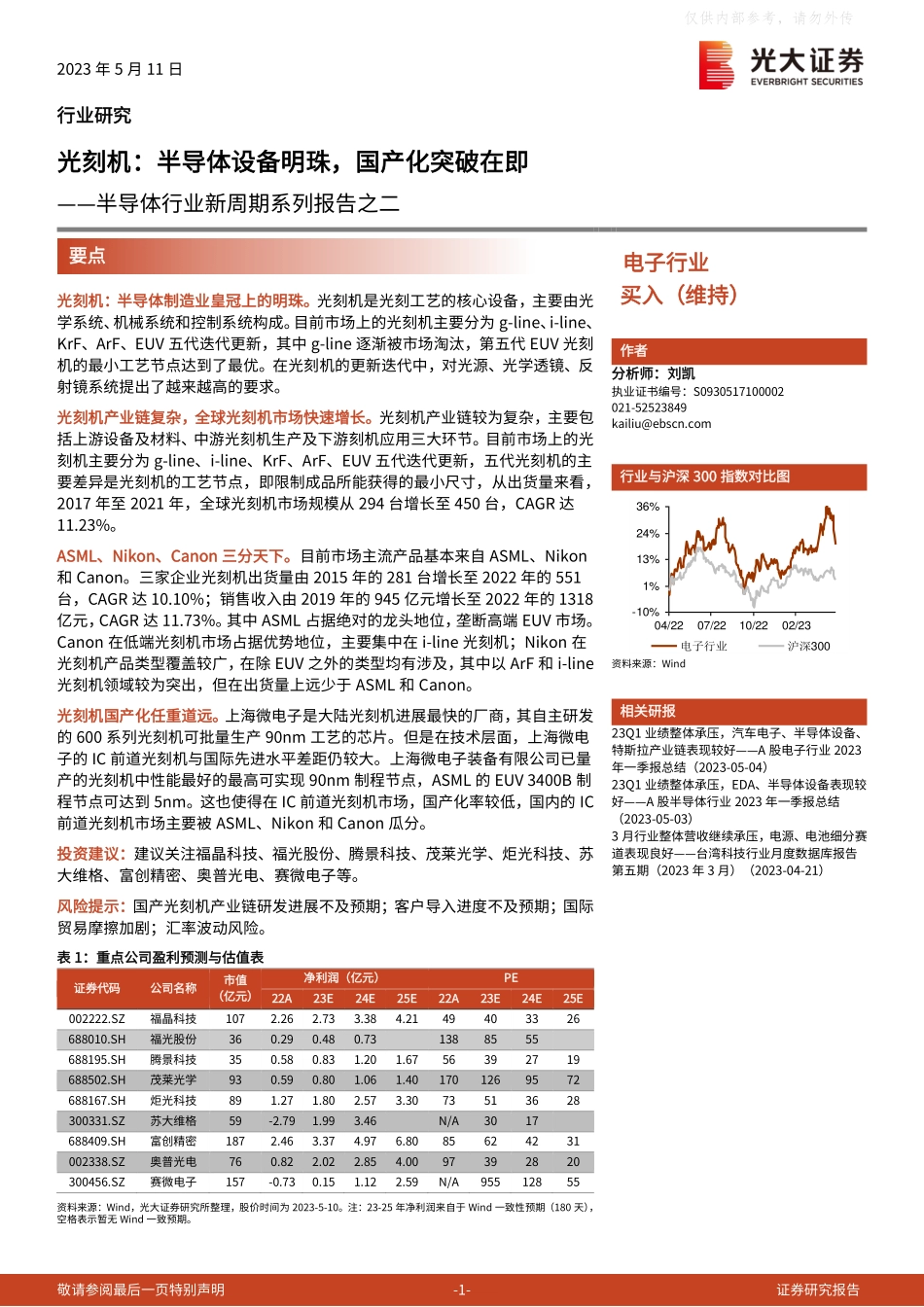 光大证券-半导体行业新周期系列报告之二，光刻机：半导体设备明珠，国产化突破在即-230511.pdf_第1页