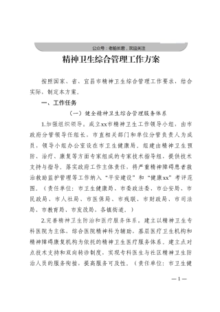 精神卫生综合管理工作方案202210