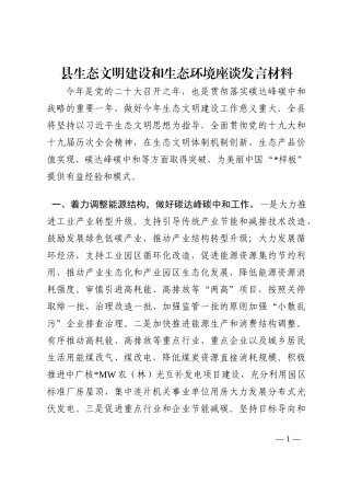 县生态文明建设和生态环境座谈发言材料202210