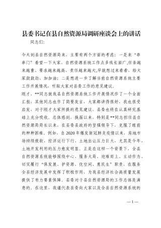 县委书记在县自然资源局调研座谈会上的讲话202210