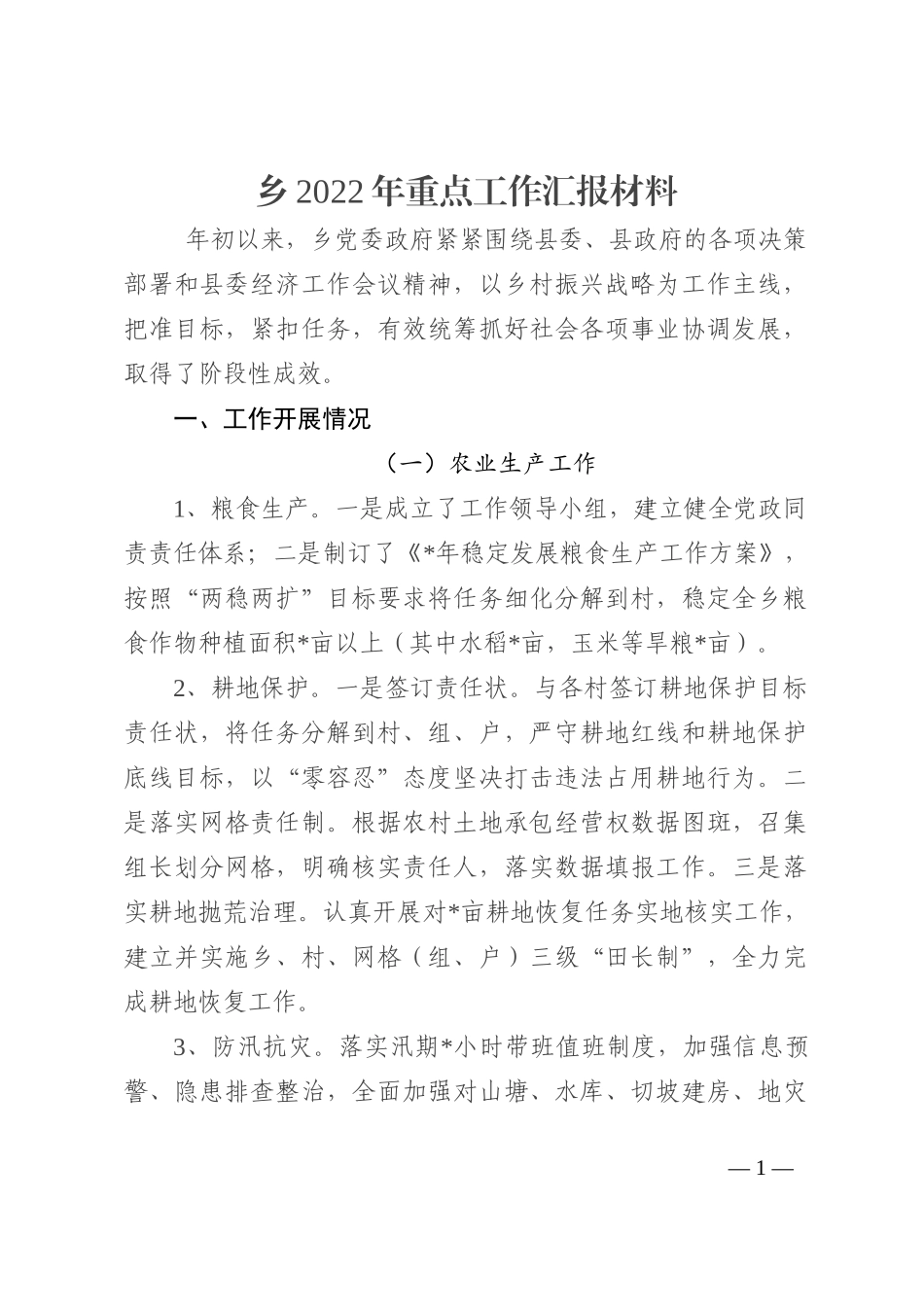 乡2022年重点工作汇报材料202210_第1页