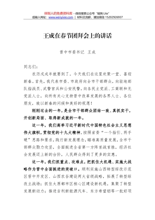 王成：在2018年春节团拜会上的讲话