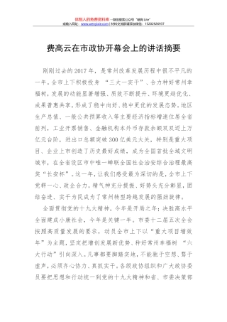 费高云在市政协上的讲话摘要