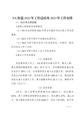 XX街道2022年工作总结及2023年工作安排