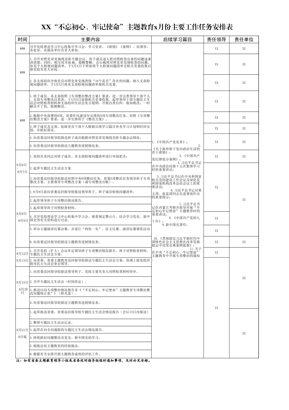XX“不忘初心、牢记使命”主题教育x月份主要工作任务安排表_第1页