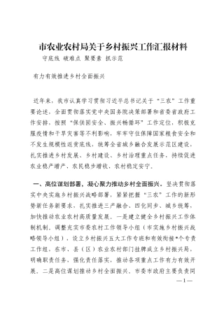 市农业农村局关于乡村振兴工作汇报材料202210