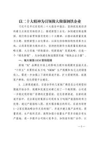 心得体会：以二十大精神为引领做大做强钢铁企业202210