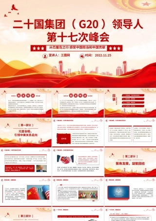 2022二十国集团领导人第十七次峰会PPT精美风从巴厘岛之行感受中国担当和中国贡献专题党课课件模板