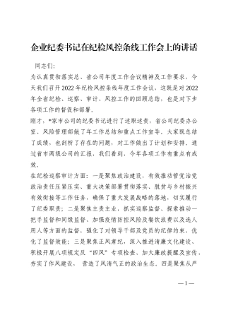 企业纪委书记在纪检风控条线工作会上的讲话202210