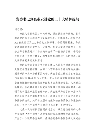 党委书记到企业宣讲党的二十大精神提纲