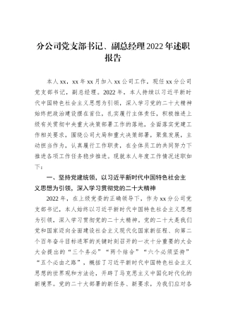 分公司党支部书记、副总经理2022年述职报告
