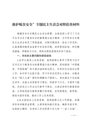 维护粮食安全”专题民主生活会对照检查材料
