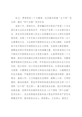 征文：贯彻党的盛会精神，扎实推动创建“五个好”党支部、建设“四个合格”党员队伍