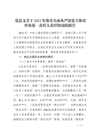 党总支关于2022年落实全面从严治党主体责任及第一责任人责任情况的报告