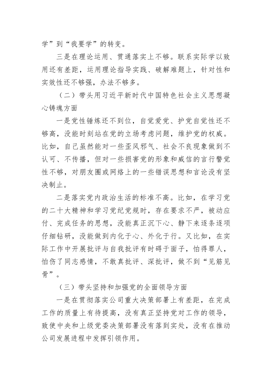 公司领导2023年六个带头专题民主生活会对照检查材料_第2页