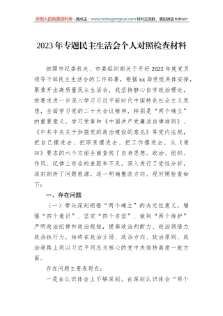 2023年专题民主生活会个人对照检查材料