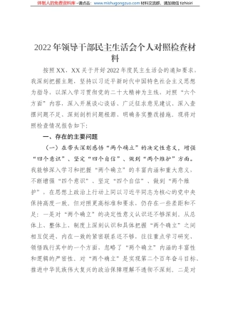 2022年领导干部民主生活会个人对照检查材料