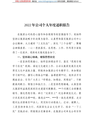 2022年国企公司个人年度述职报告