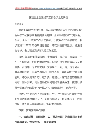 2023年在县委全会暨经济工作会议上的讲话