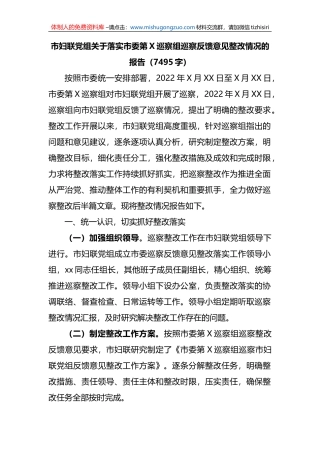 市妇联党组关于落实市委第X巡察组巡察反馈意见整改情况的报告
