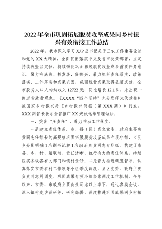 2022年全市巩固拓展脱贫攻坚成果同乡村振兴有效衔接工作总结