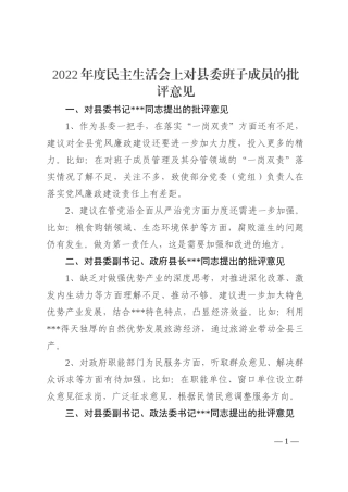 2022年度民主生活会上对县委班子成员的批评意见