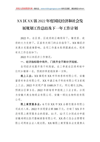 X镇2022年度国民经济和社会发展规划工作总结及下一年工作计划（20230109）