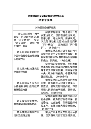 市委常委班子2022年度民主生活会征 求 意 见 表