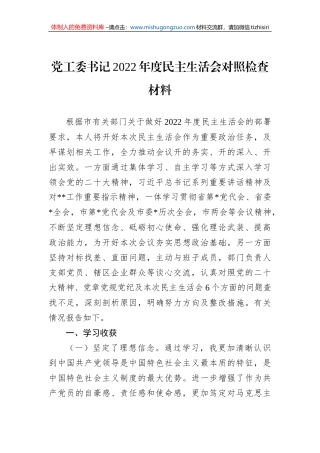 党工委书记2022年度民主生活会对照检查材料 (1)