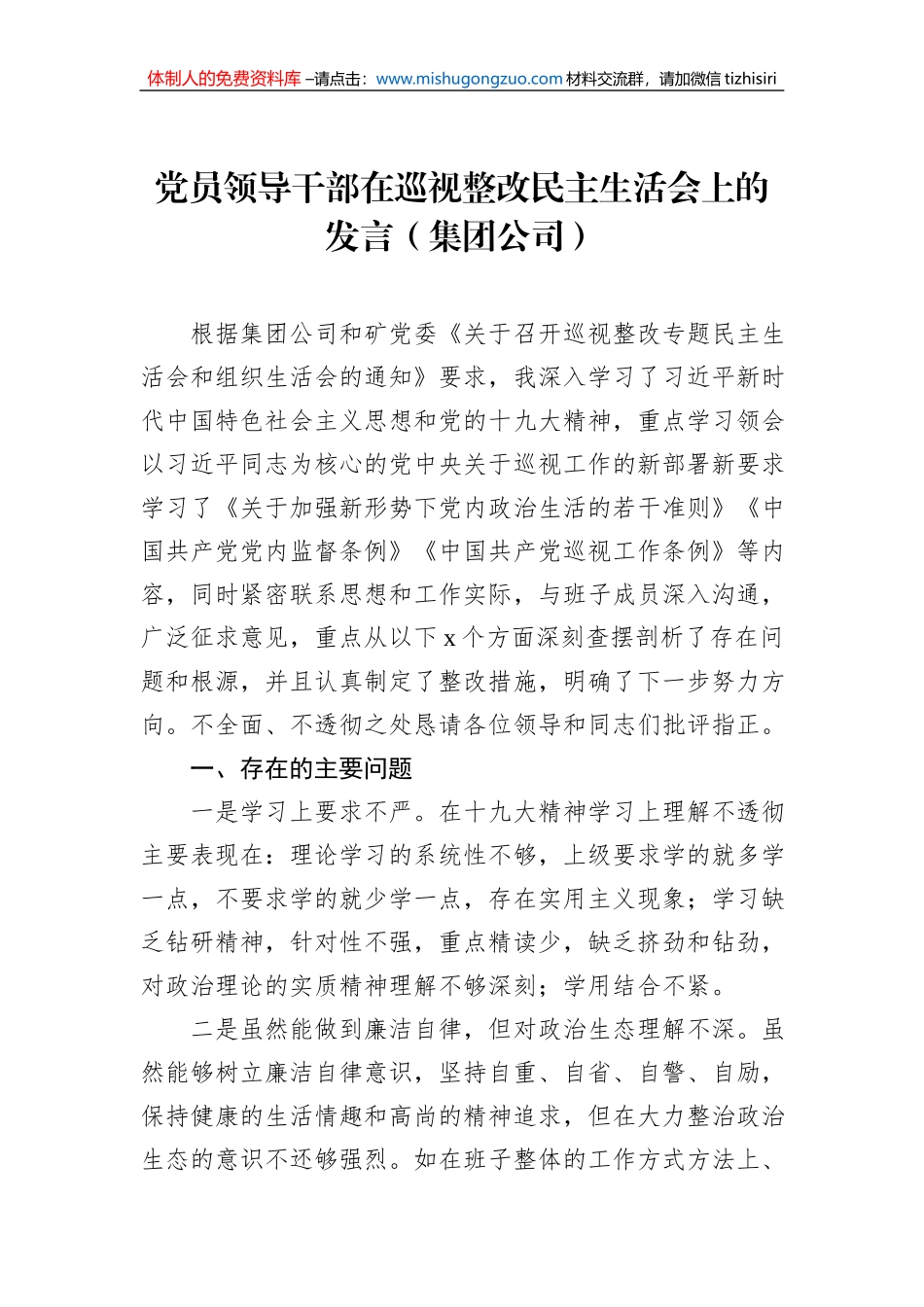 党员领导干部在巡视整改民主生活会上的发言（集团公司）_第1页