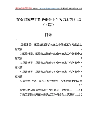 在全市统战工作务虚会上的发言材料汇编（7篇）