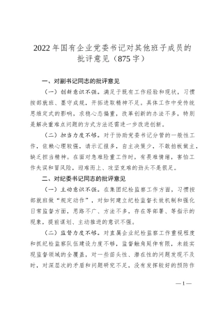 2022年国有企业党委书记对其他班子成员的批评意见