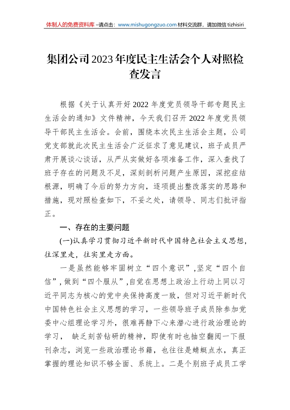 集团公司2023年度民主生活会个人对照检查发言_第1页