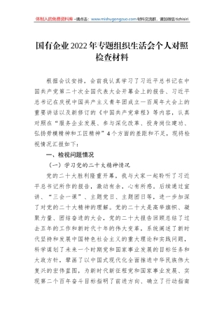 国有企业2022年专题组织生活会个人对照检查材料