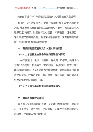 党支部书记2022年度组织生活会个人对照检查发言提纲
