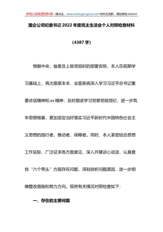 国企公司纪委书记2022年度民主生活会个人对照检查材料