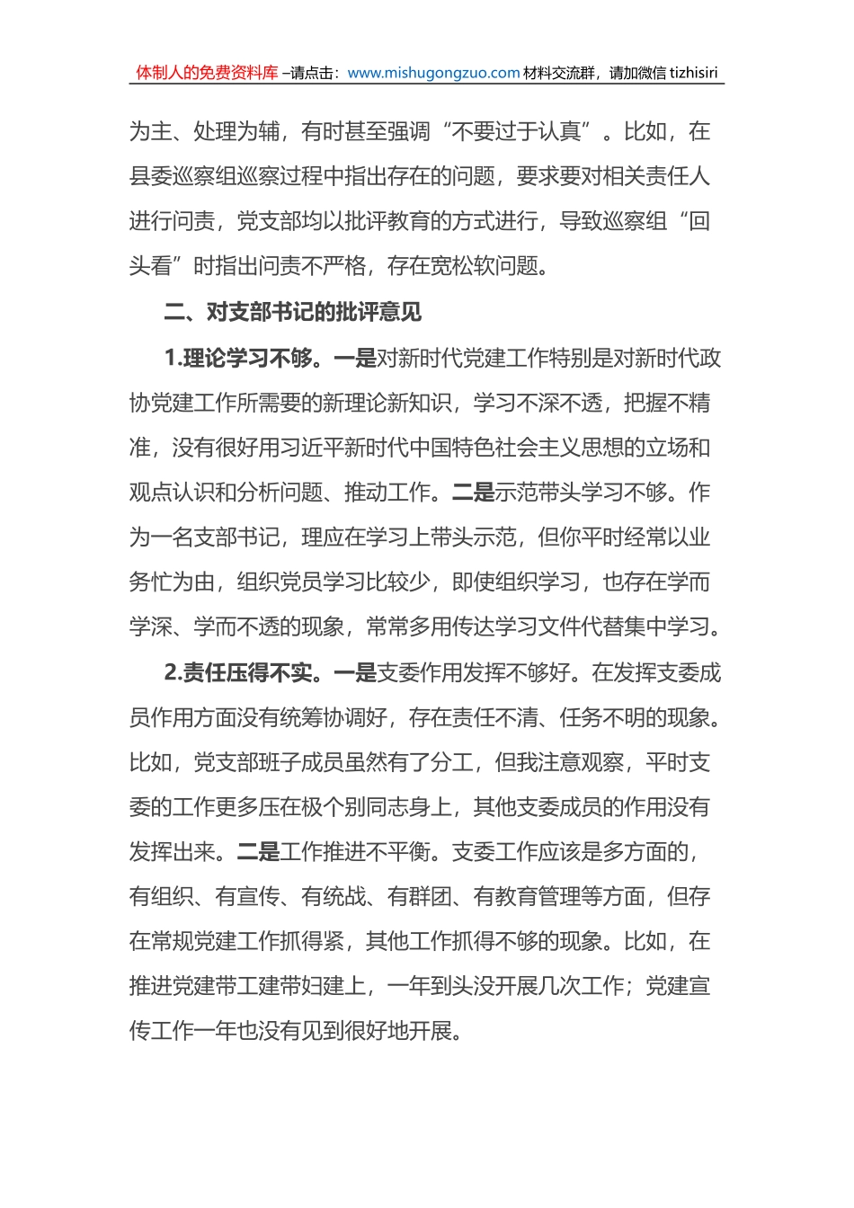 在2022年度组织生活会上对党支部班子及支委成员的批评意见_第3页