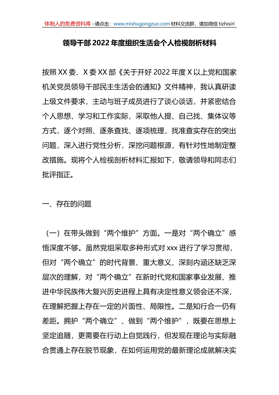 领导干部2022年度组织生活会个人检视剖析材料_第1页