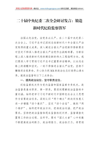 二十届中央纪委二次全会研讨发言：锻造新时代纪检监察铁军