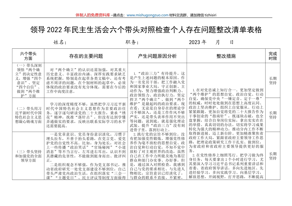 2022年民主生活会六个带头对照检查个人存在问题整改清单表格_第1页
