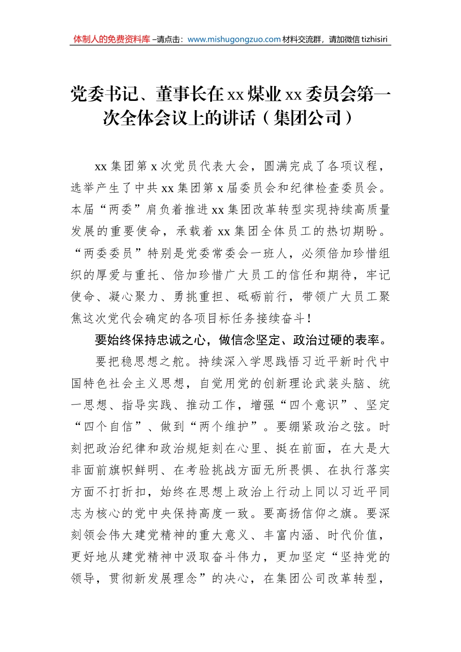 党委书记、董事长在xx煤业xx委员会第一次全体会议上的讲话（集团公司）_第1页