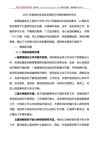 2022年度组织生活会支部班子对照检查材料范文