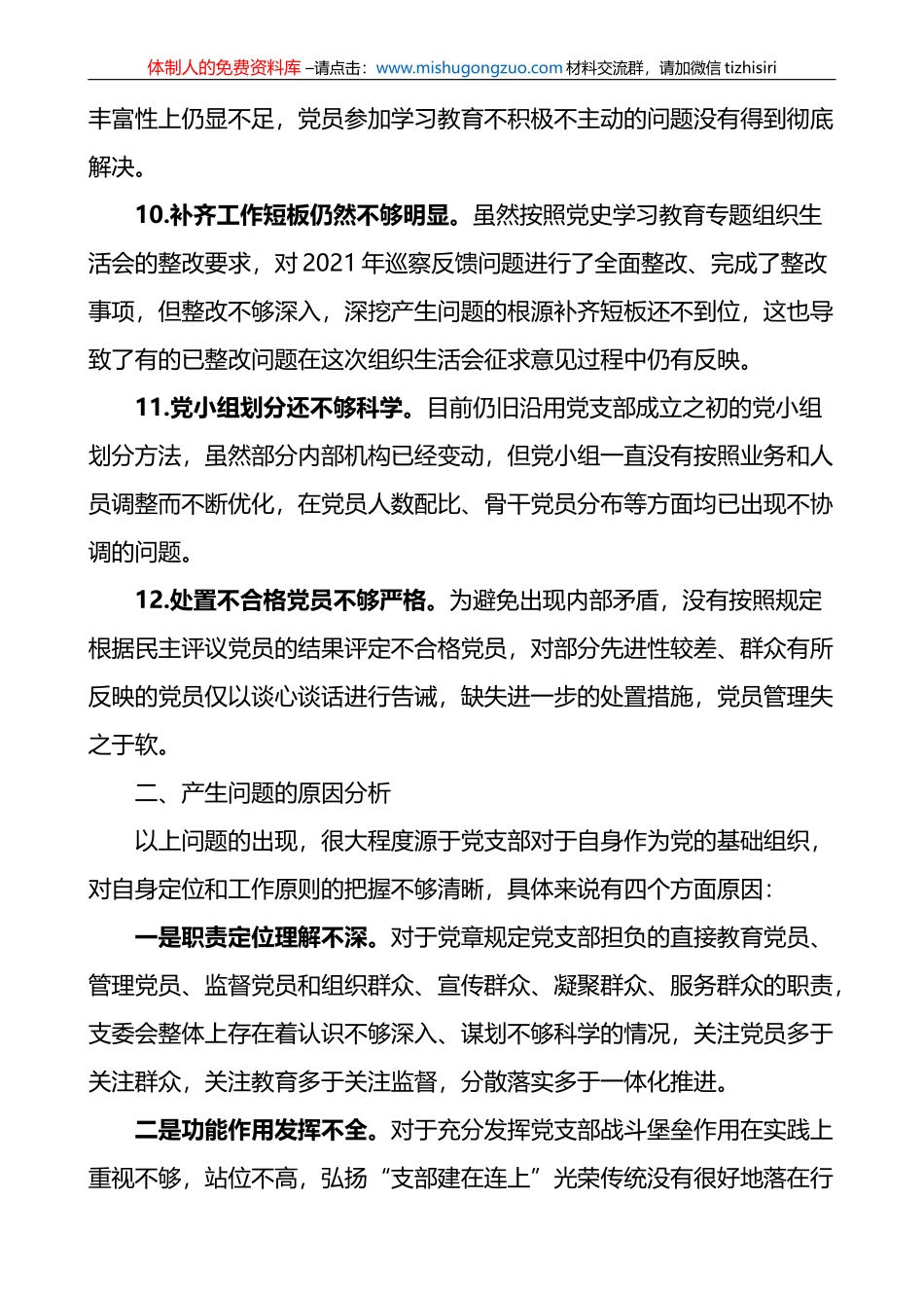 党支部2022年度组织生活会班子对照检查问题清单、问题整改清单范文_第3页